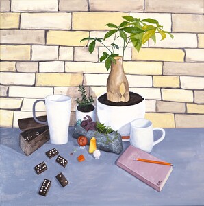 Oil still life depicting potted plants, coffee mugs, dominos, and a notebook