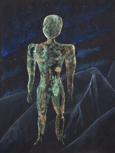 Water colored statuesque man standing taller than the mountains among him