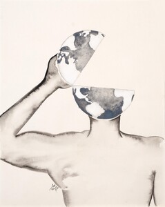 A watery ink man with the world for his head opening up like he's tipping a hat