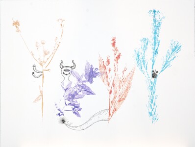 Ink monsters hiding among watercolor plant prints