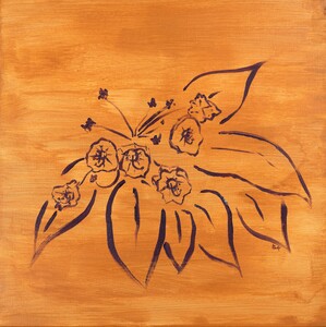 Acrylic painting with gold background and purple line painted mountain laurel using non-dominant hand