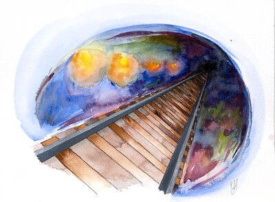 Watercolor of rails headed into the colorful shadows