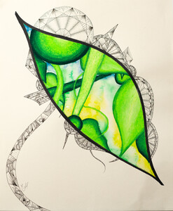 Multimedia abstract where a bold ink line separates the outs..ink and the inside shapes in green oil pastel and watercolor