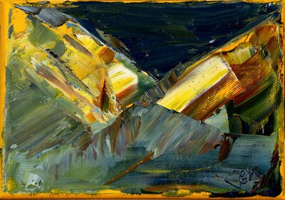 Oil palette knife painting of mountains lit up by fire flies