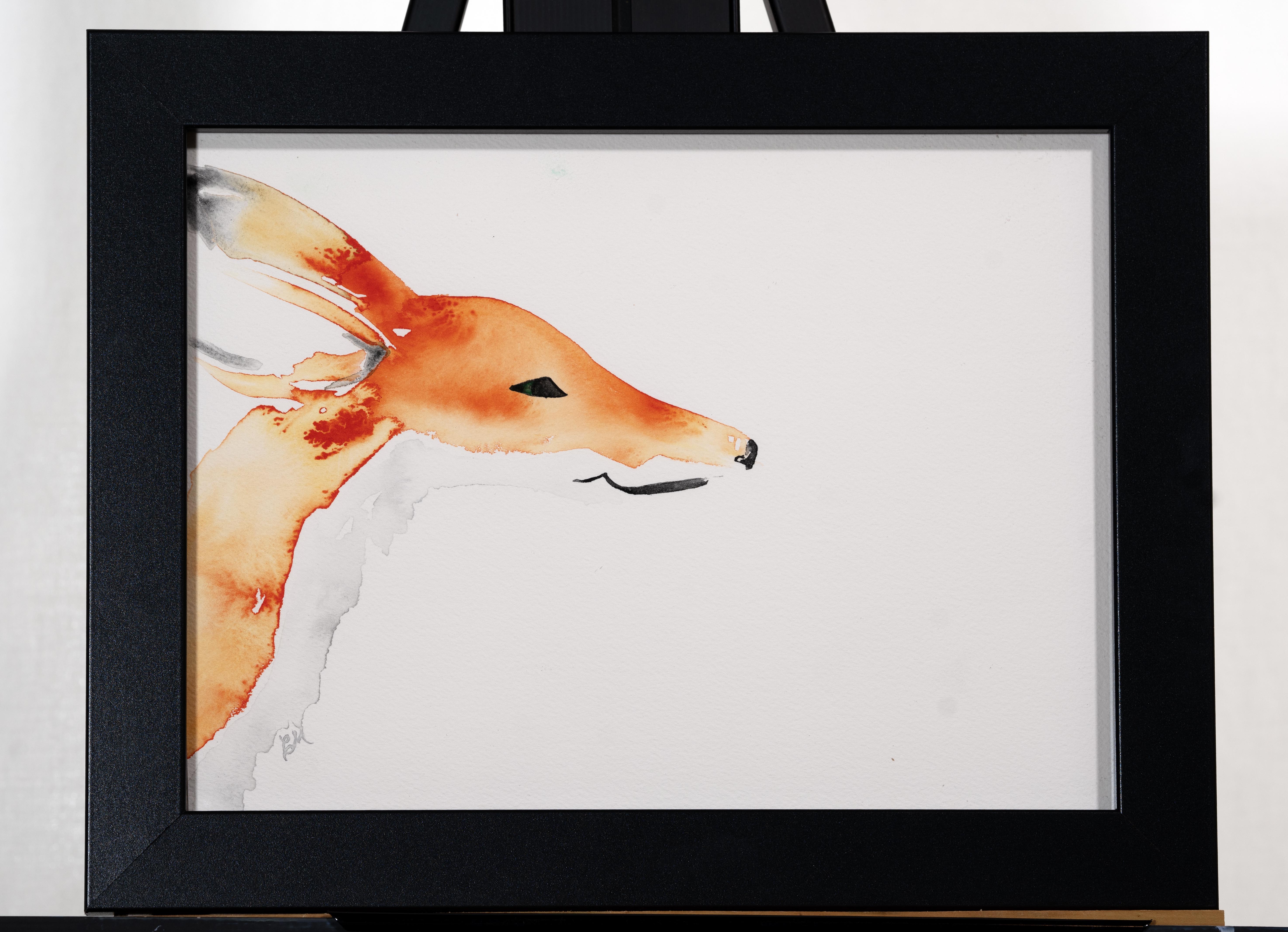 A loose water color painting of a fox peaking in through the left side of the paper