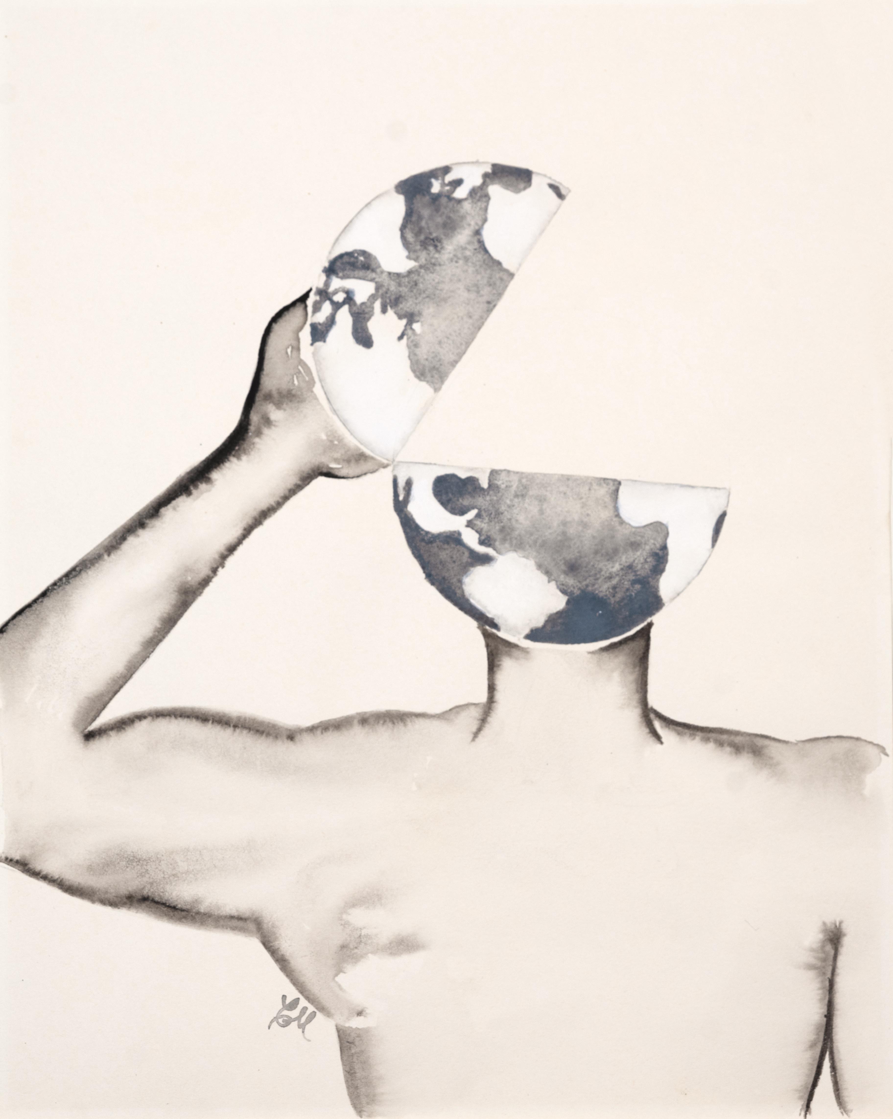 A watery ink man with the world for his head opening up like he's tipping a hat