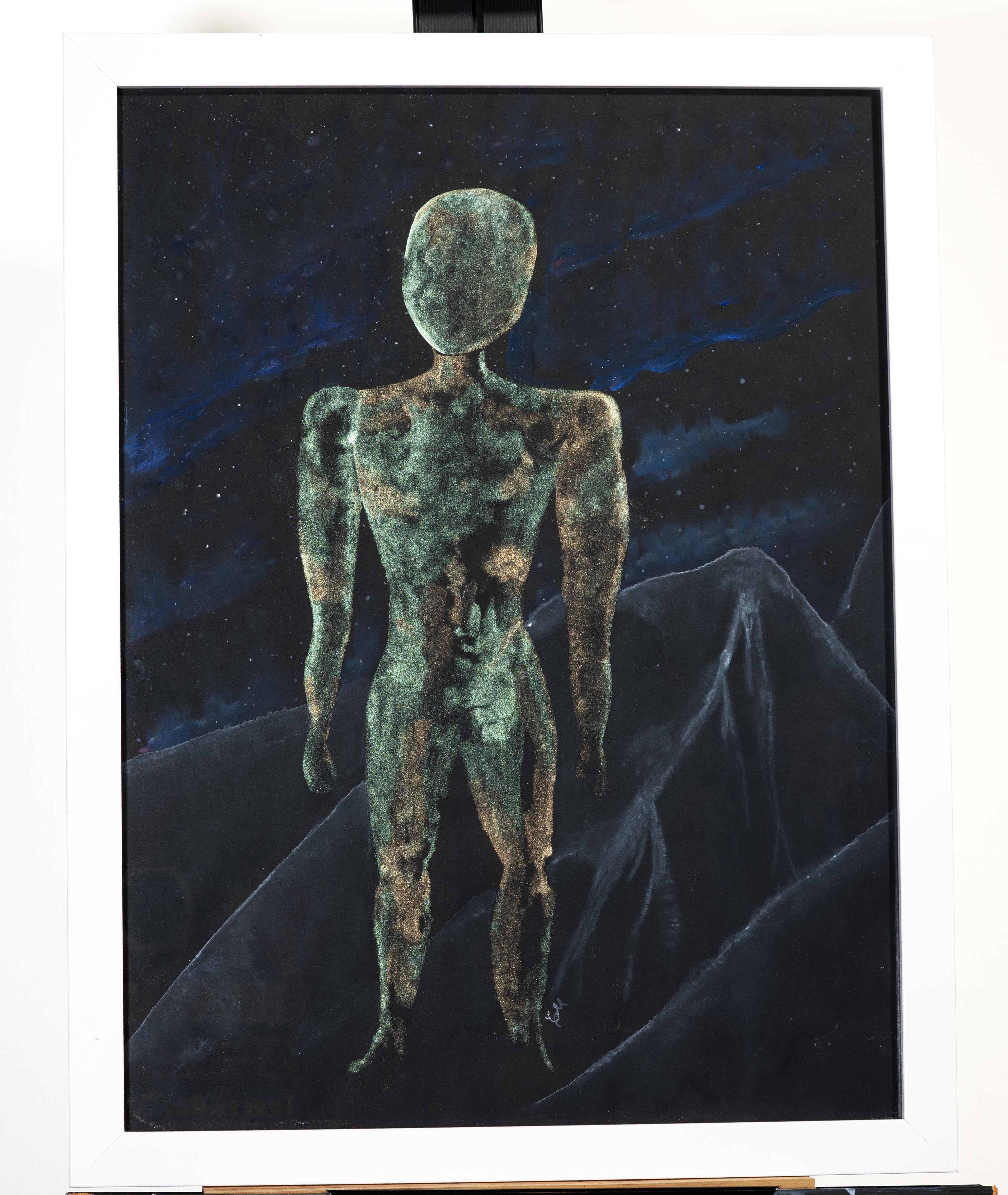 Water colored statuesque man standing taller than the mountains among him