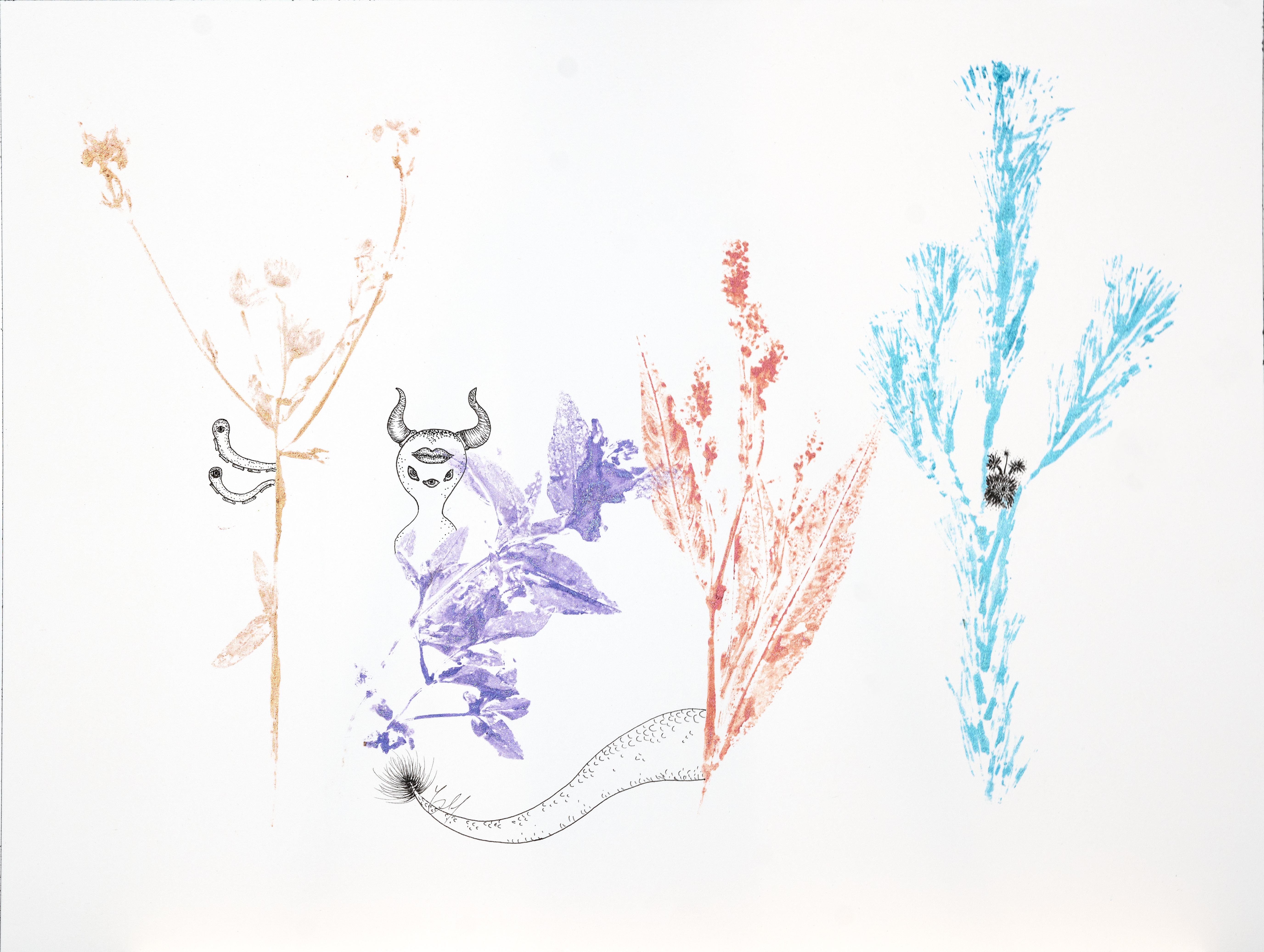 Ink monsters hiding among watercolor plant prints