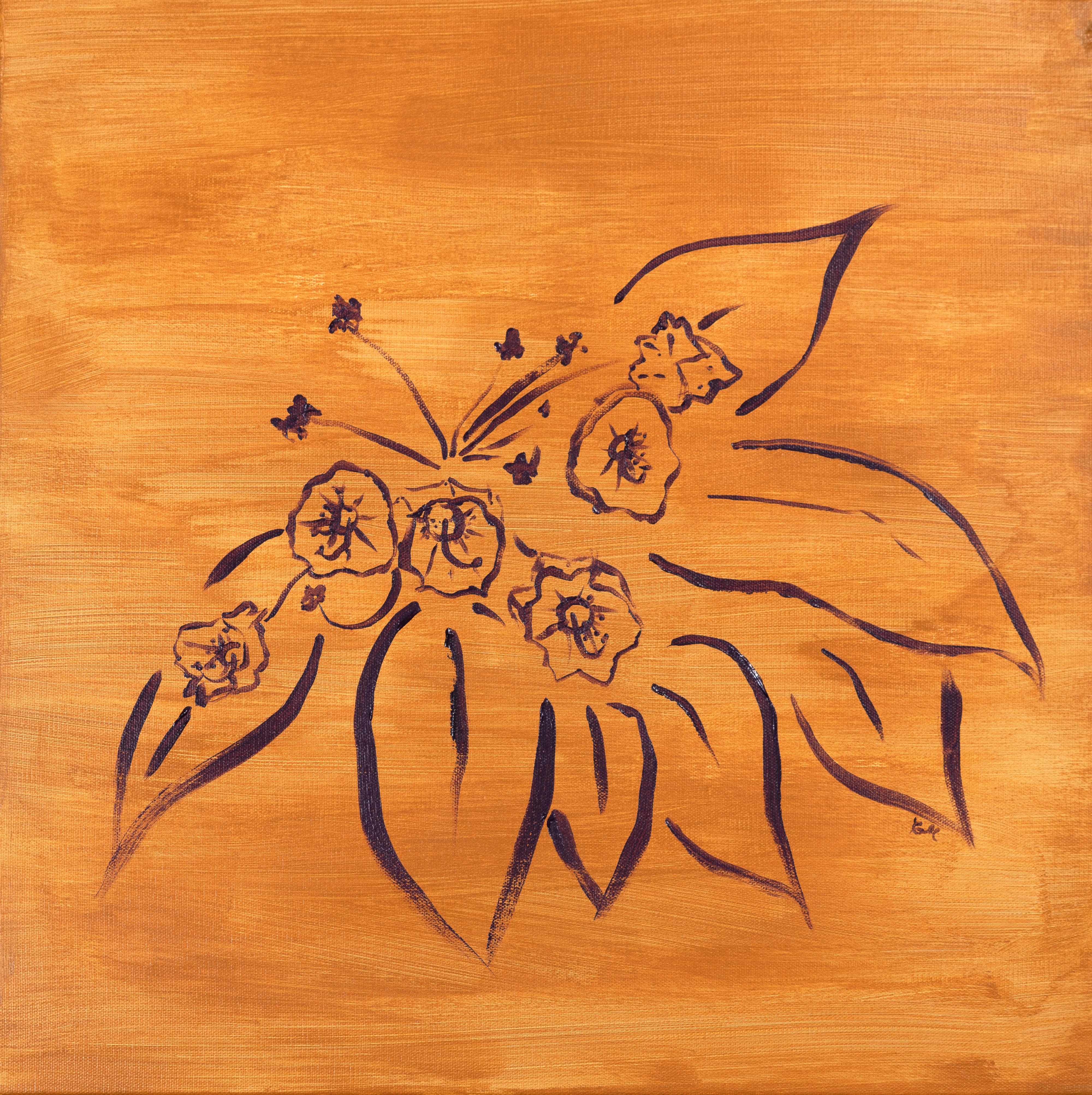 Acrylic painting with gold background and purple line painted mountain laurel using non-dominant hand