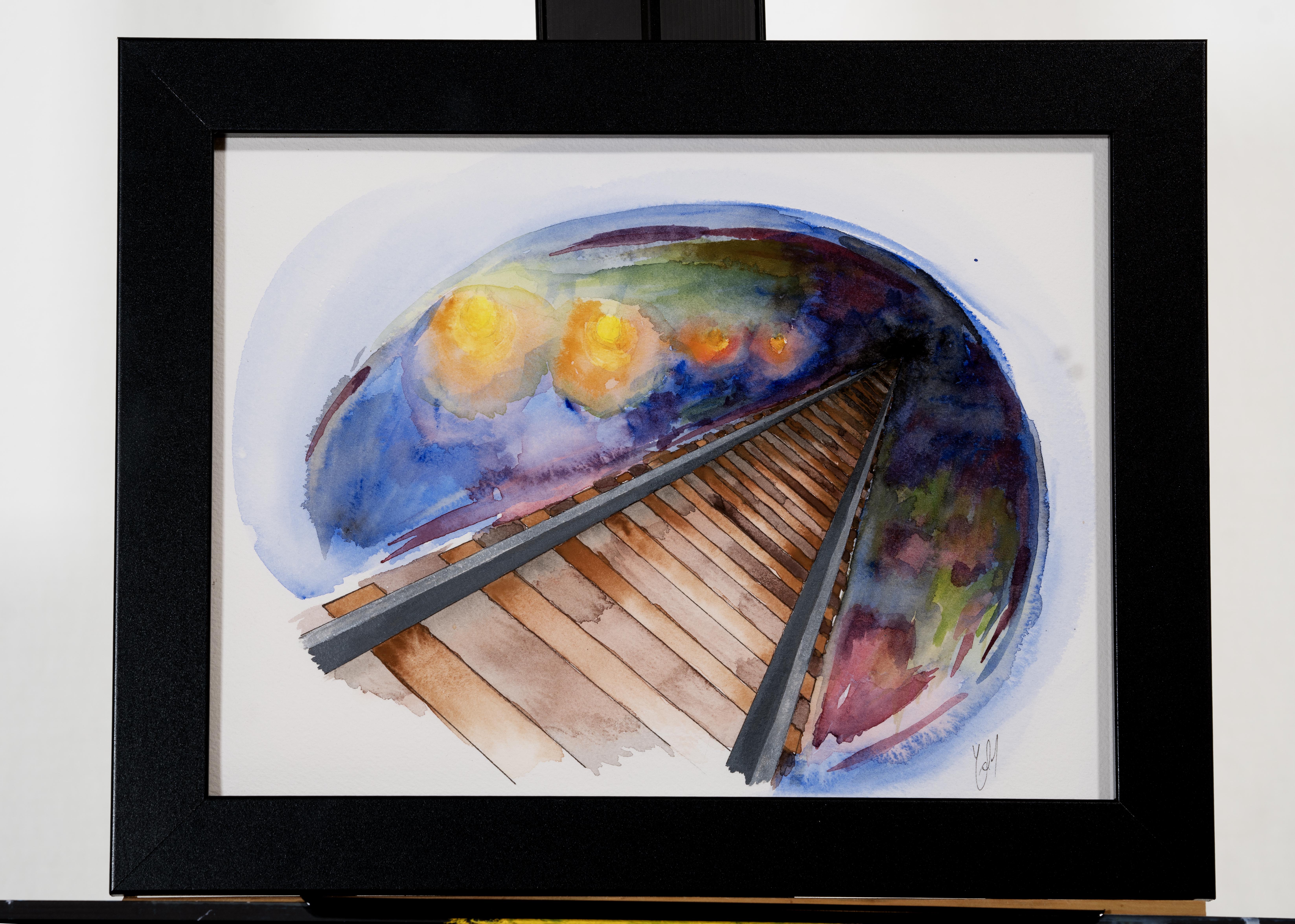 Watercolor of rails headed into the colorful shadows