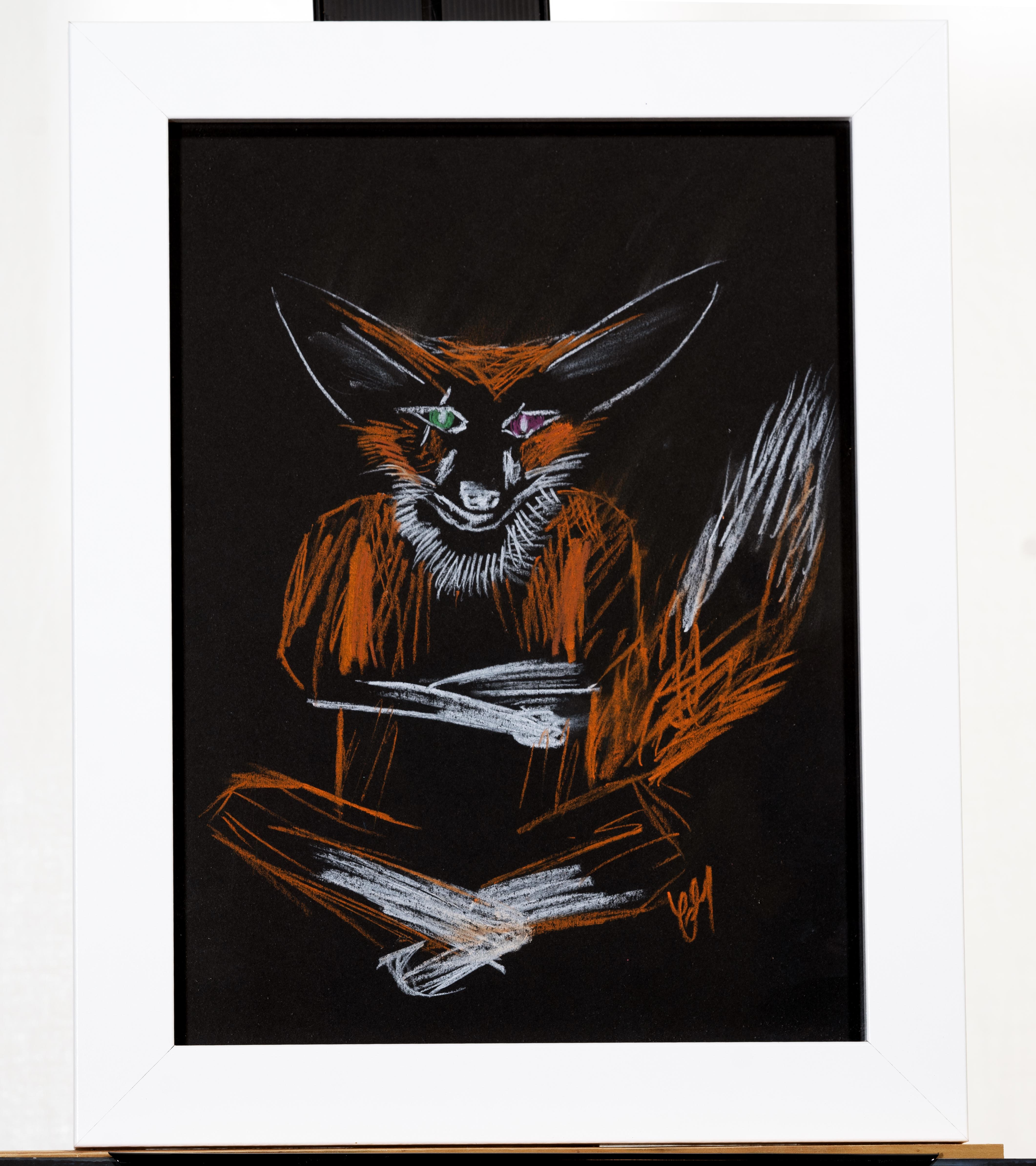 Soft pastel gestural drawing of a fox sitting down