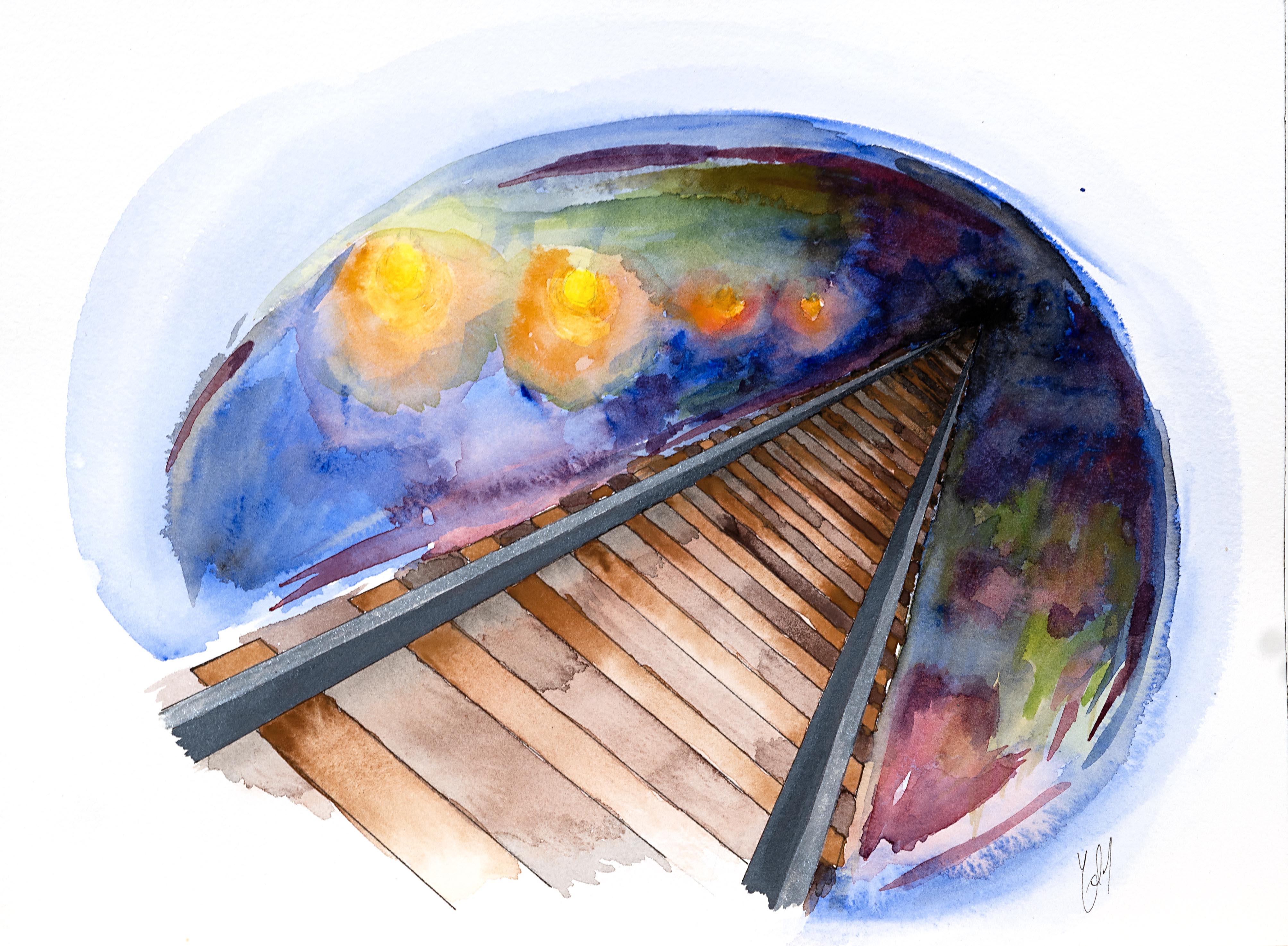 Watercolor of rails headed into the colorful shadows