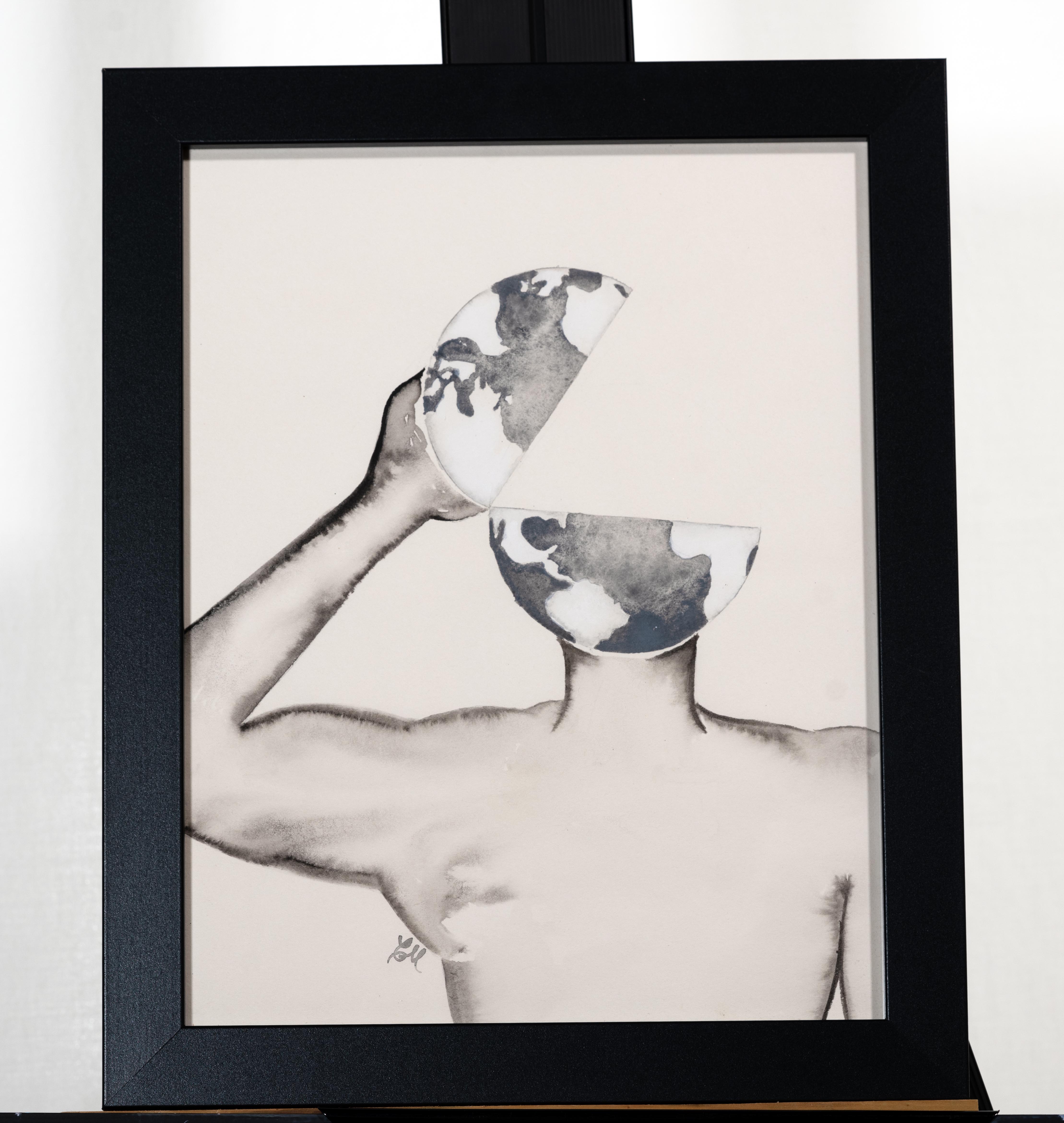 A watery ink man with the world for his head opening up like he's tipping a hat